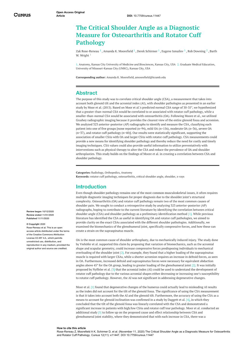 The Critical Shoulder Angle As a Diagnostic Measure for Osteoarthritis and Rotator Cuff Pathology