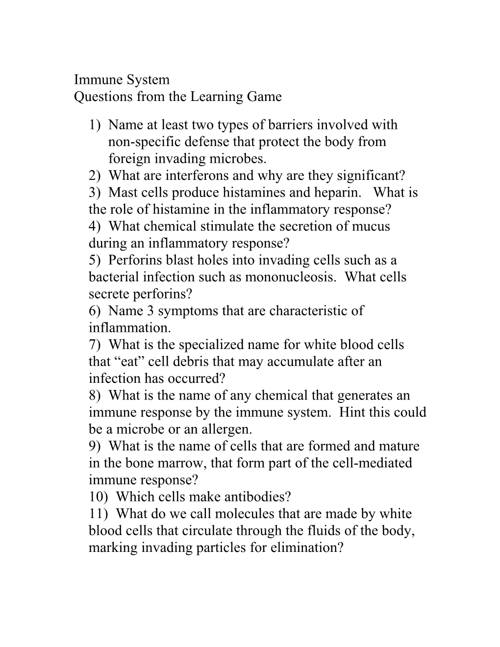 Questions from the Learning Game