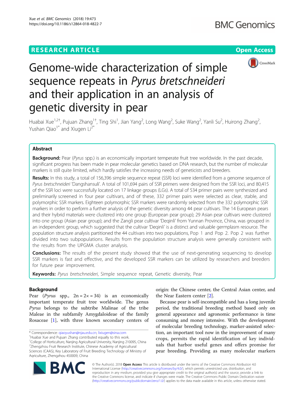 Genome-Wide Characterization of Simple Sequence Repeats in Pyrus