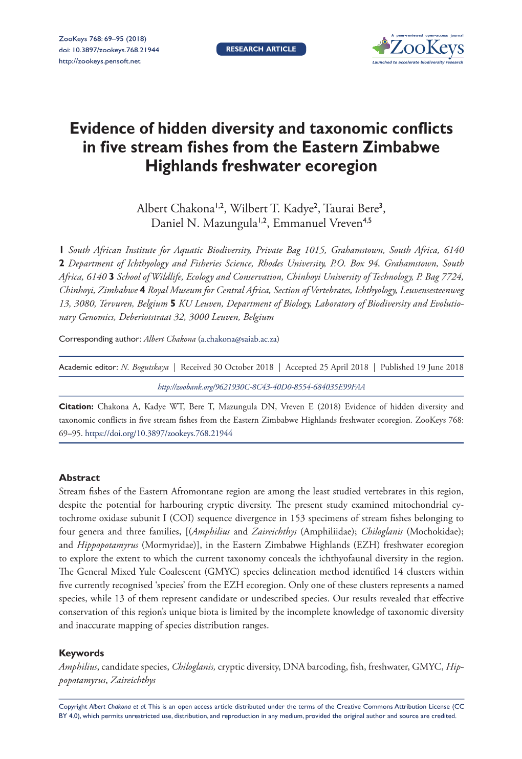 Evidence of Hidden Diversity and Taxonomic Conflicts in Five Stream Fishes from the Eastern Zimbabwe Highlands Freshwater Ecoregion