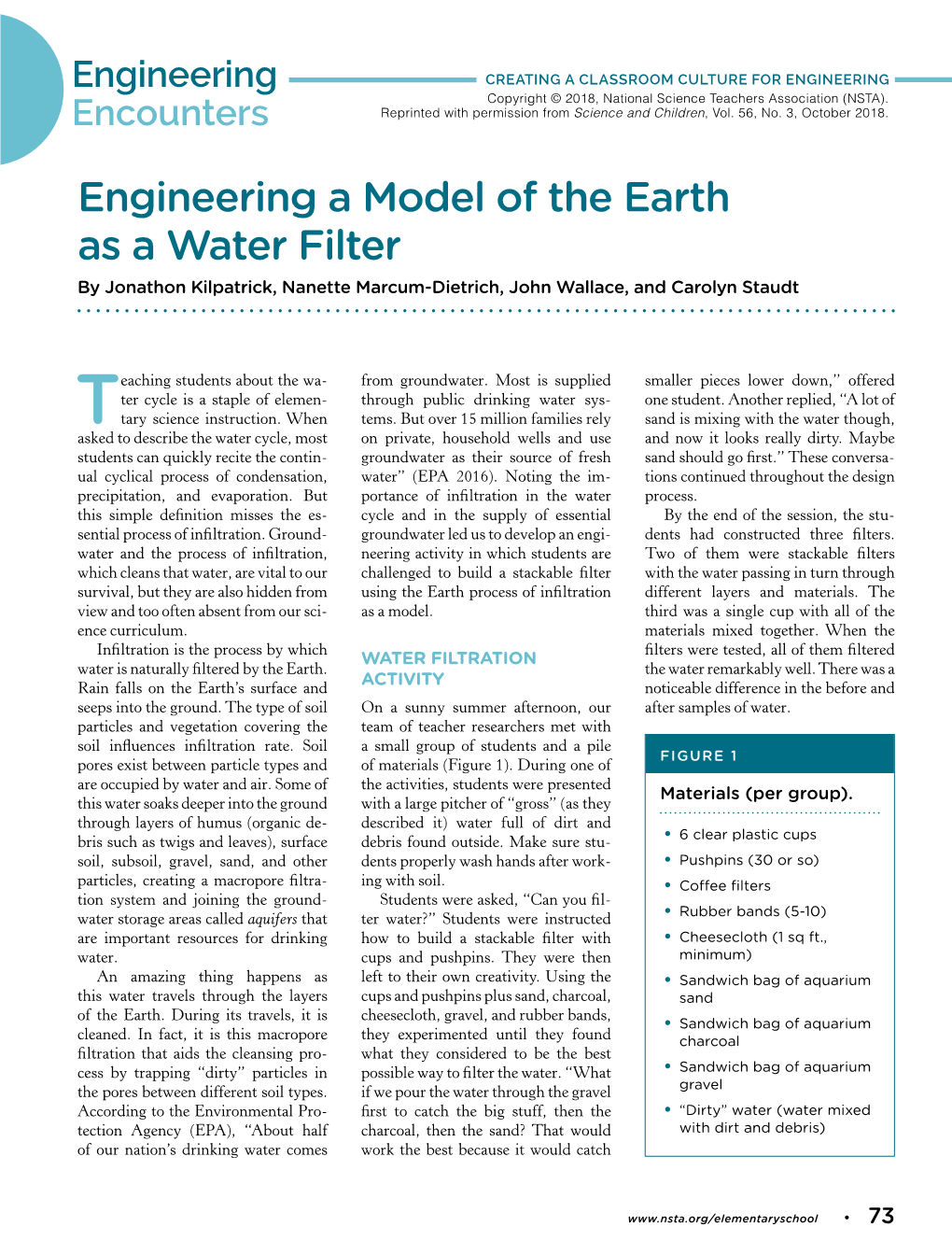 Engineering a Model of the Earth As a Water Filter by Jonathon Kilpatrick, Nanette Marcum-Dietrich, John Wallace, and Carolyn Staudt