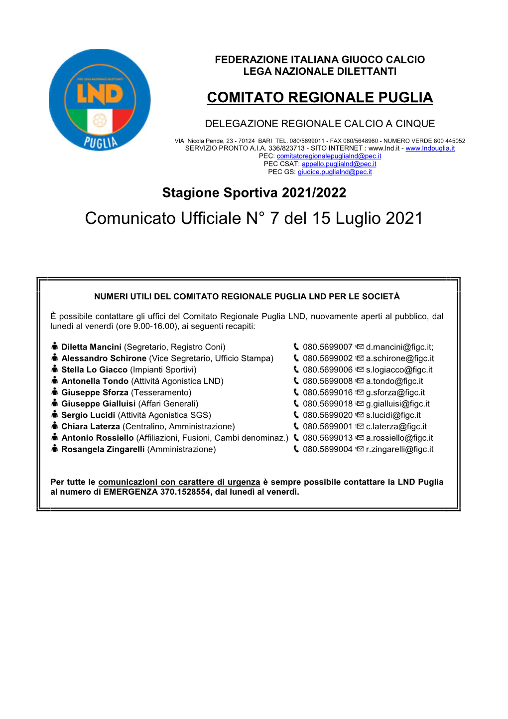 Comunicato Ufficiale N° 7 Del 15 Luglio 2021