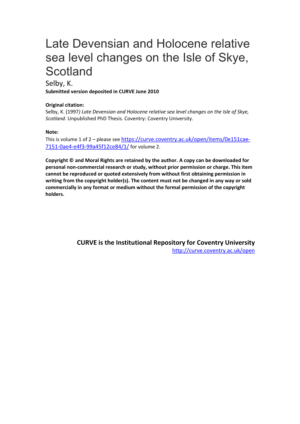 Late Devensian and Holocene Relative Sea Level Changes on the Isle of Skye, Scotland Selby, K