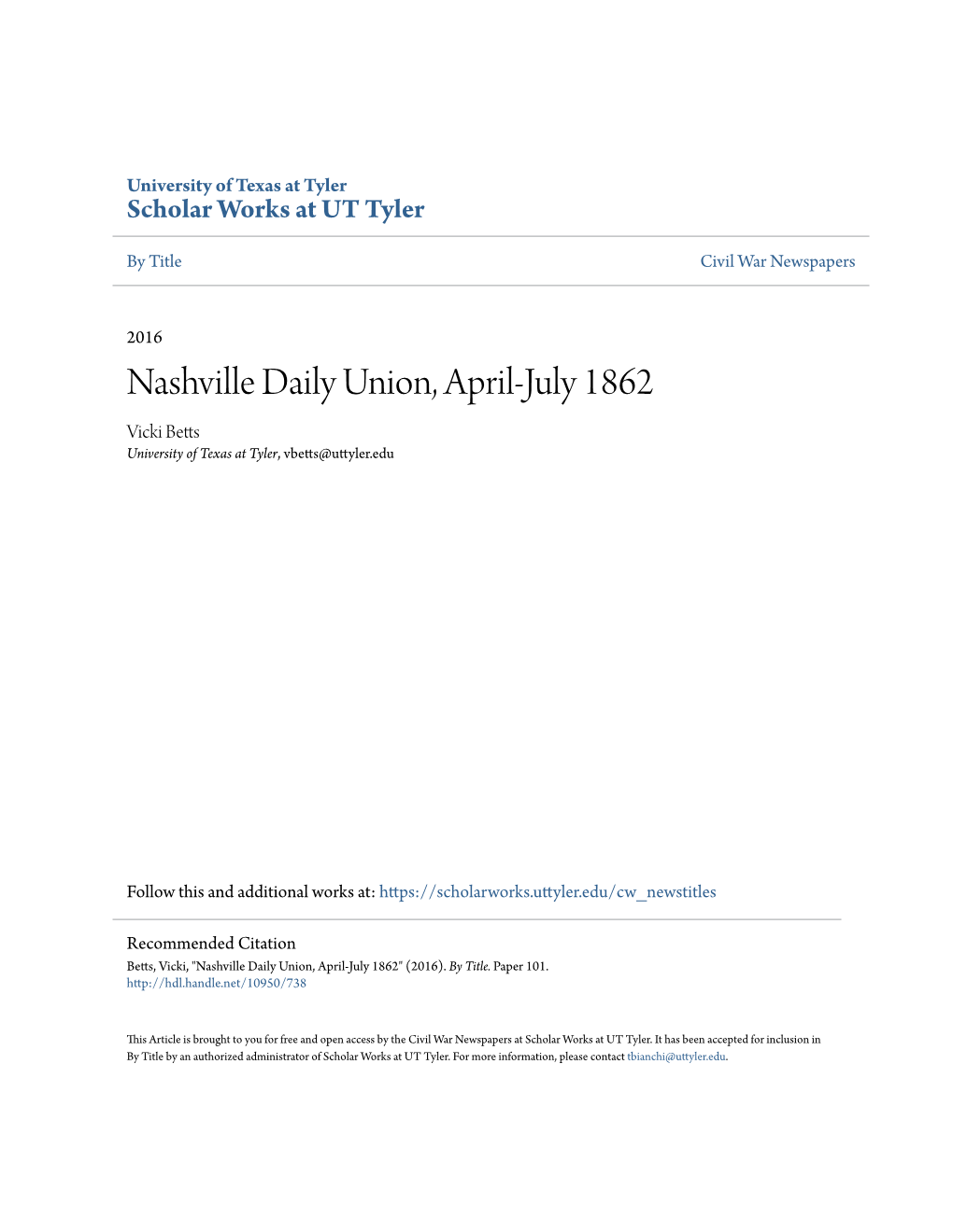 Nashville Daily Union, April-July 1862 Vicki Betts University of Texas at Tyler, Vbetts@Uttyler.Edu