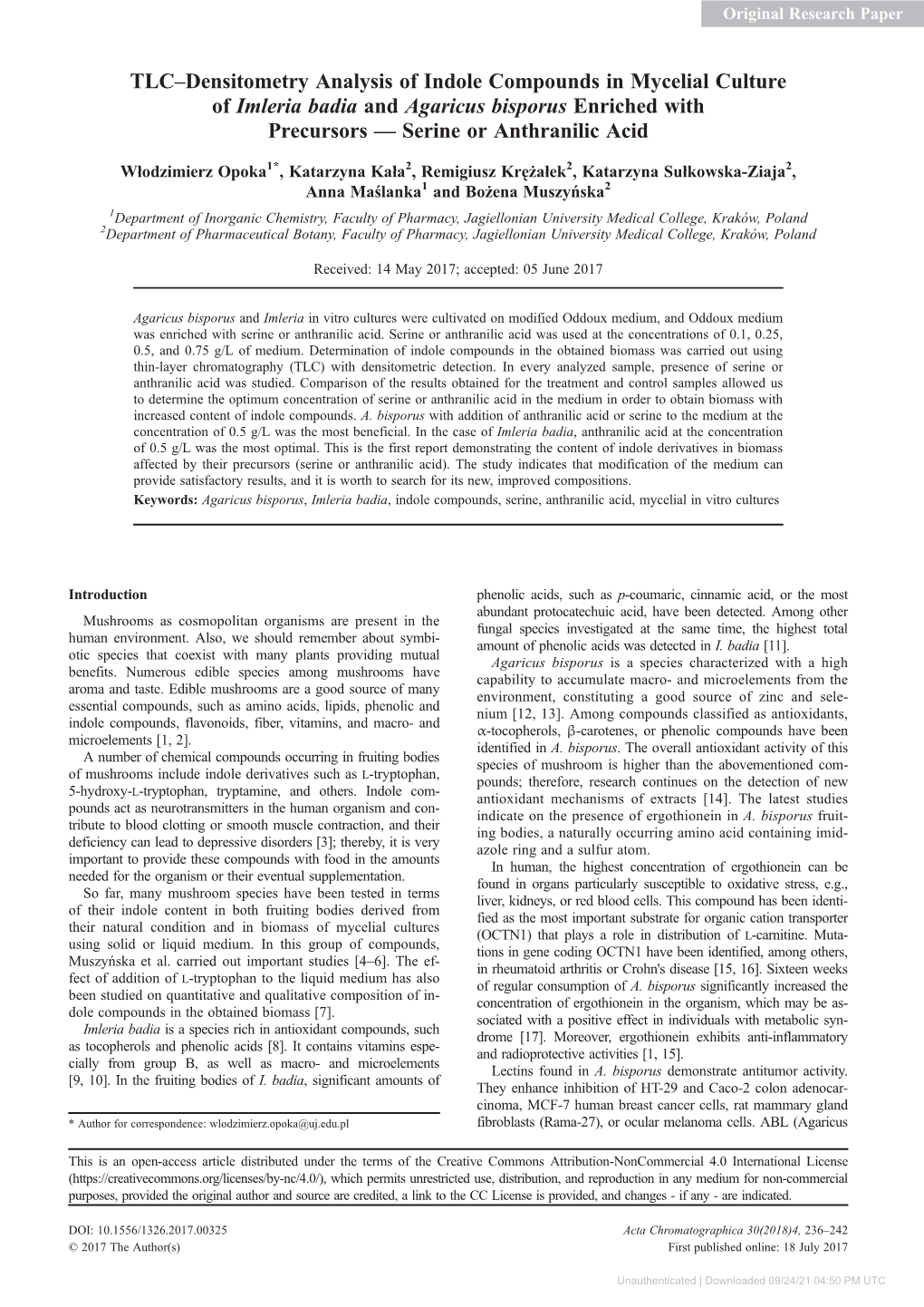 TLC–Densitometry Analysis of Indole Compounds in Mycelial Culture of Imleria Badia and Agaricus Bisporus Enriched with Precursors — Serine Or Anthranilic Acid