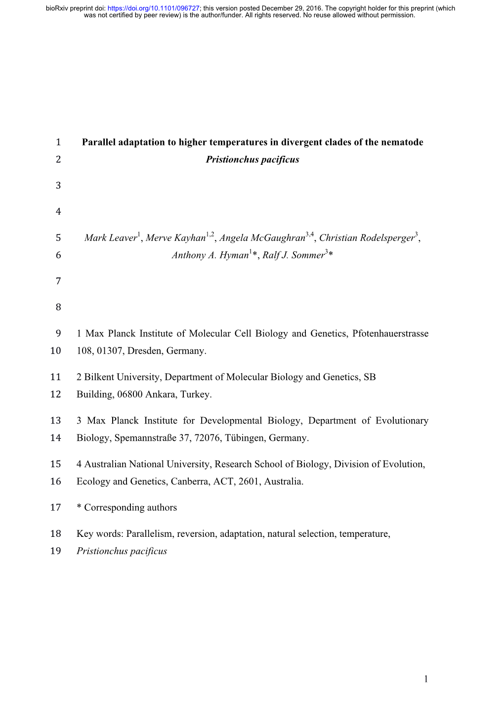 Parallel Adaptation to Higher Temperatures in Divergent Clades of the Nematode 2