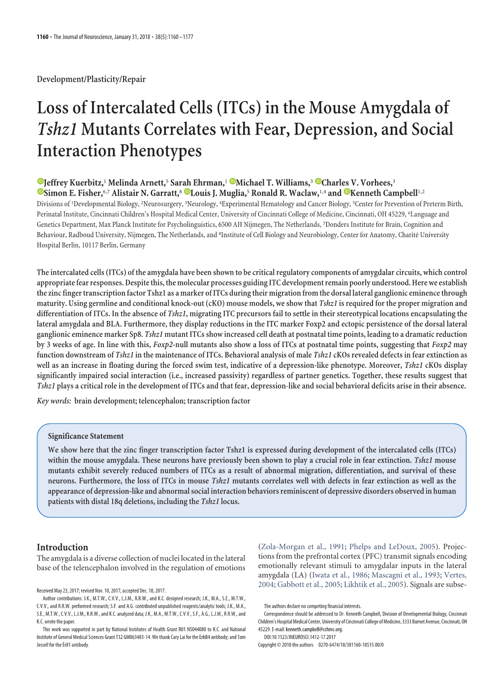 Itcs) in the Mouse Amygdala of Tshz1 Mutants Correlates with Fear, Depression, and Social Interaction Phenotypes