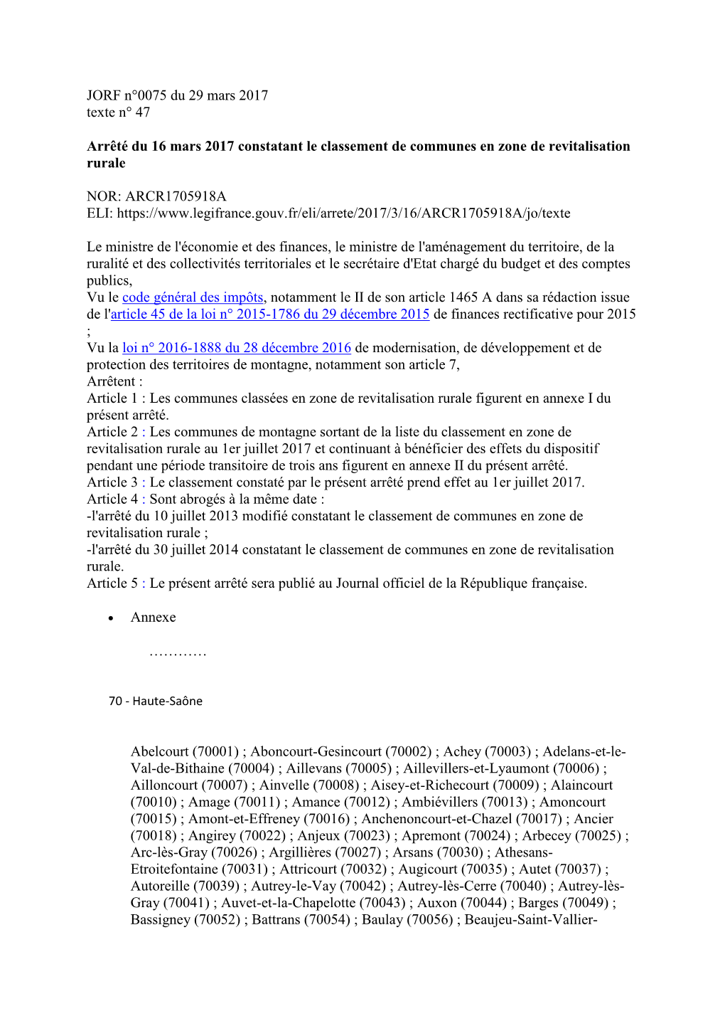 JORF N°0075 Du 29 Mars 2017 Texte N° 47 Arrêté Du 16 Mars 2017