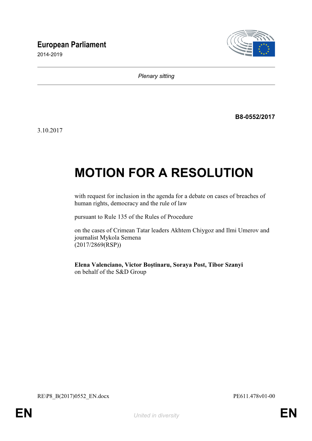 En En Motion for a Resolution