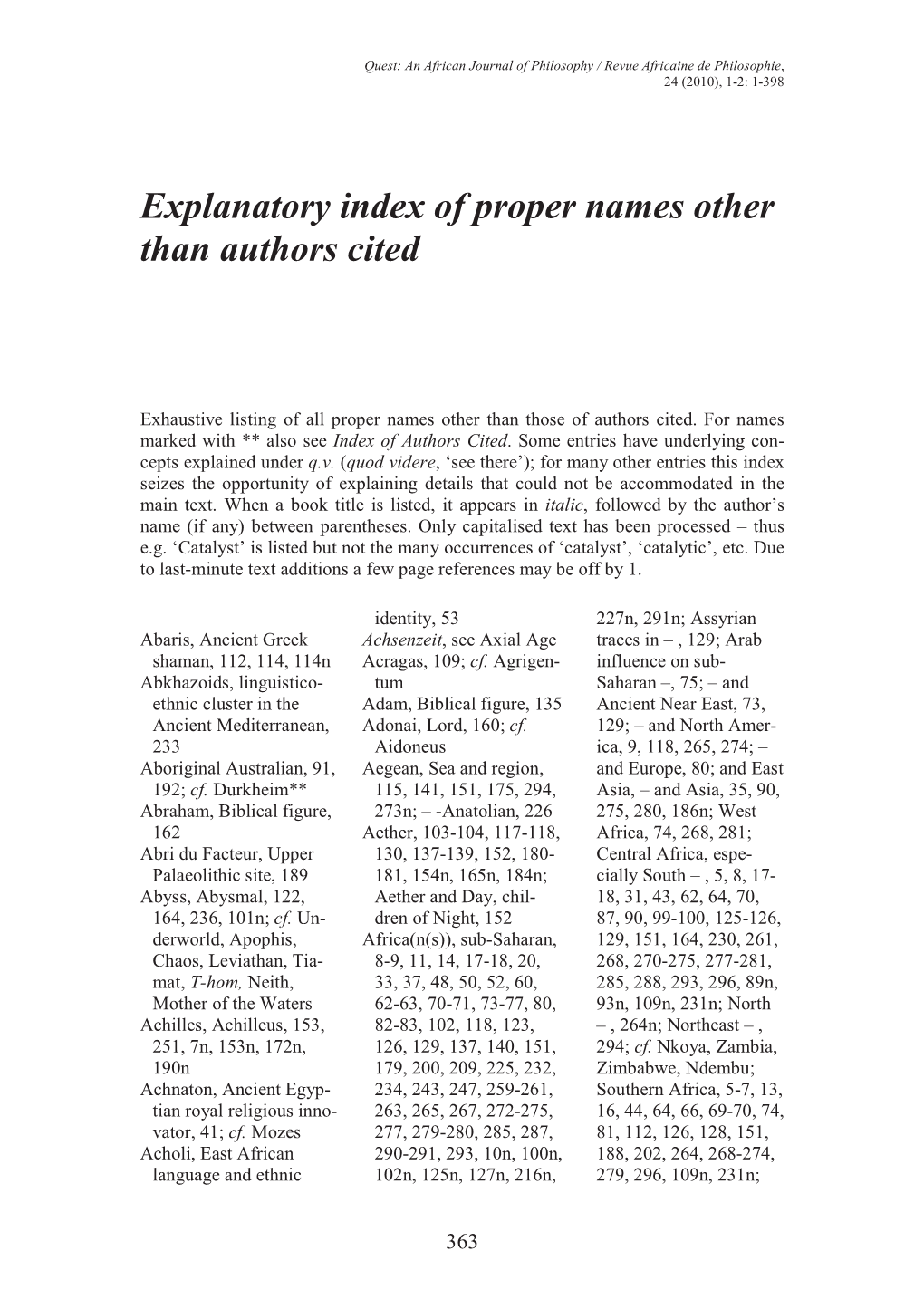 Explanatory Index of Proper Names Other Than Authors Cited
