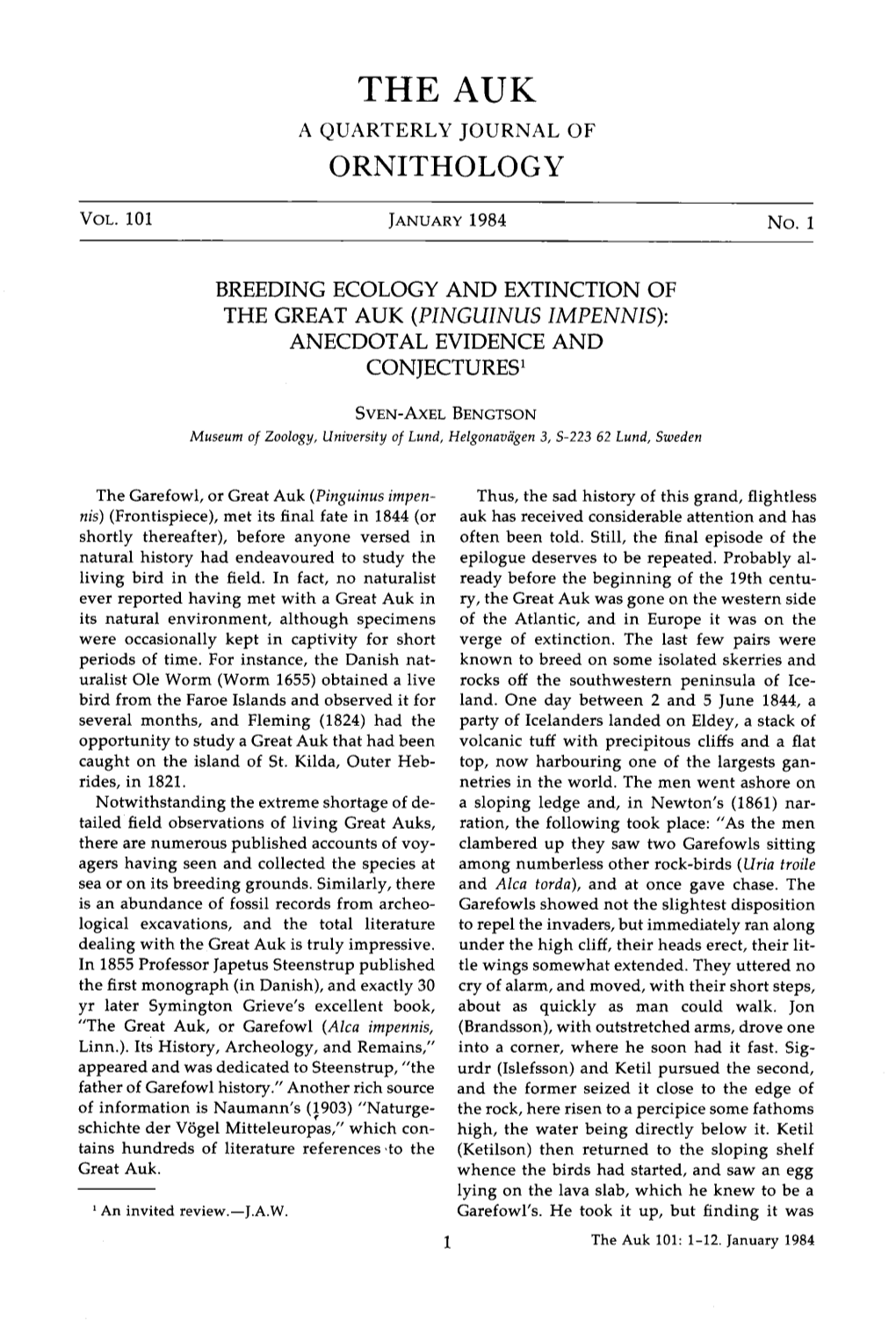 Breeding Ecology and Extinction of the Great Auk (Pinguinus Impennis): Anecdotal Evidence and Conjectures