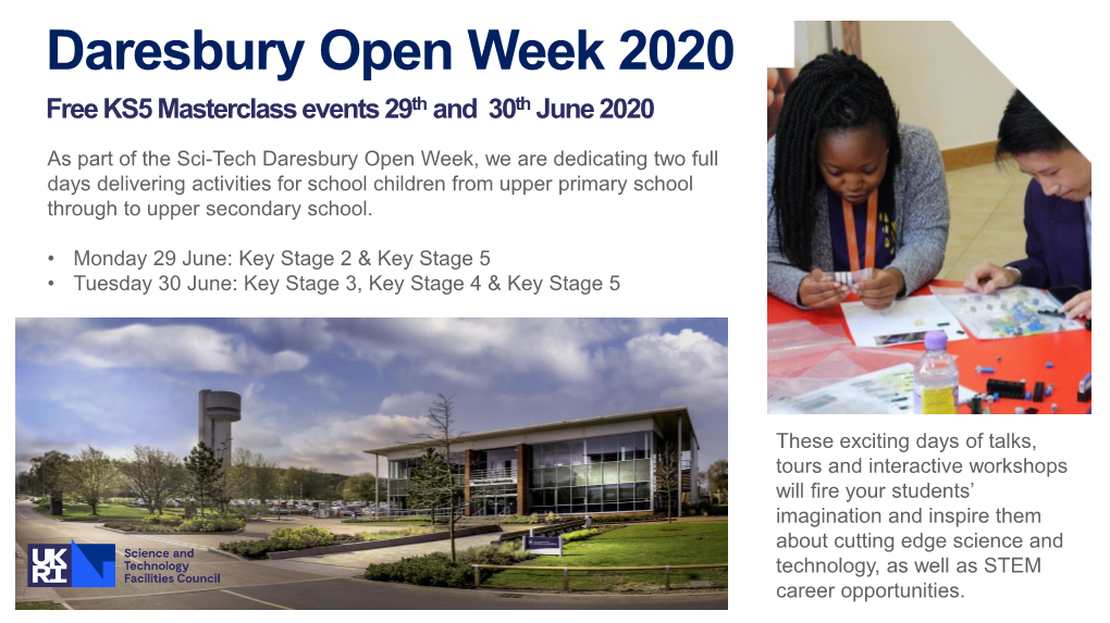Daresbury Open Week 2020 Free KS5 Masterclass Events 29Th and 30Th June 2020