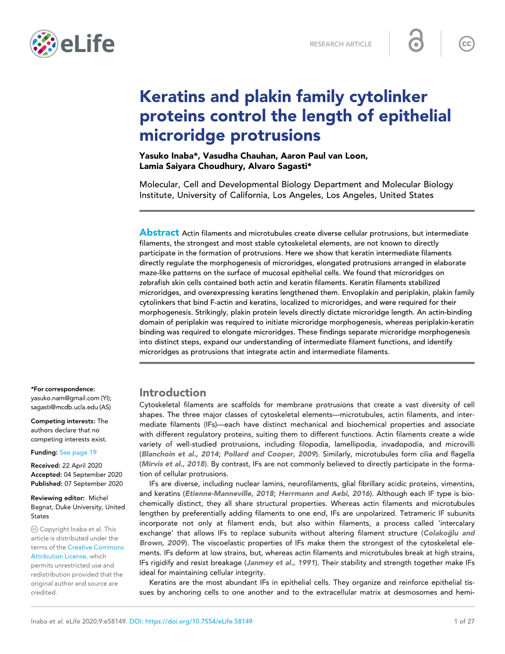 Keratins and Plakin Family Cytolinker Proteins Control the Length Of