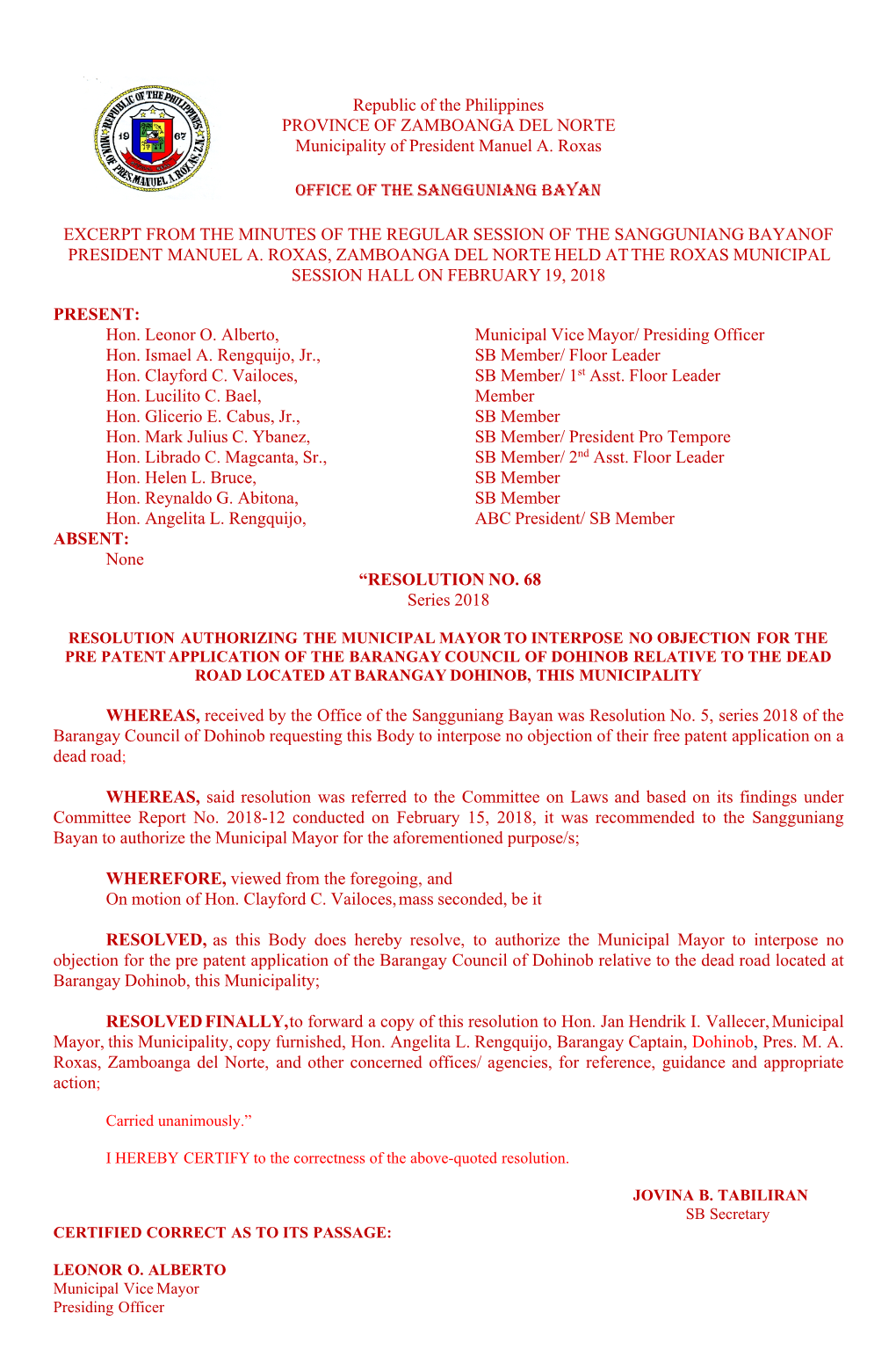 Republic of the Philippines PROVINCE of ZAMBOANGA DEL NORTE Municipality of President Manuel A