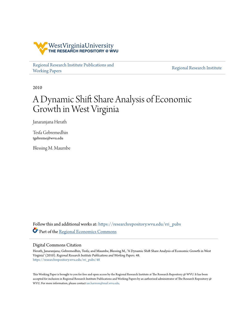 A Dynamic Shift Share Analysis of Economic Growth in West Virginia