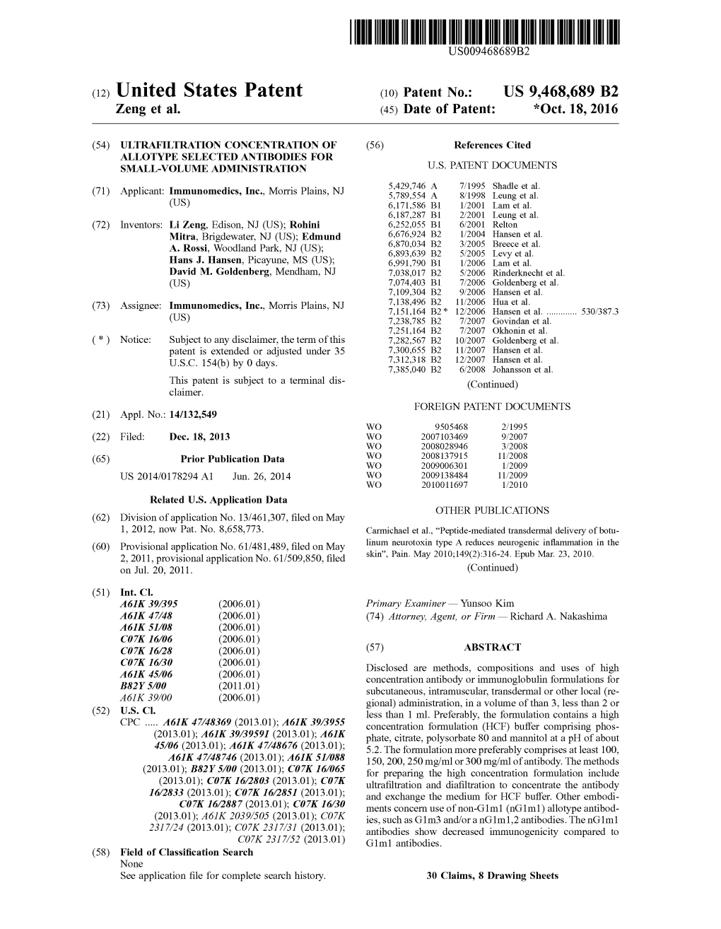 (12) United States Patent (10) Patent No.: US 9.468,689 B2 Zeng Et Al