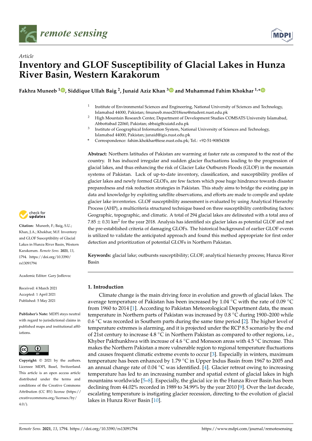 Inventory and GLOF Susceptibility of Glacial Lakes in Hunza River Basin, Western Karakorum