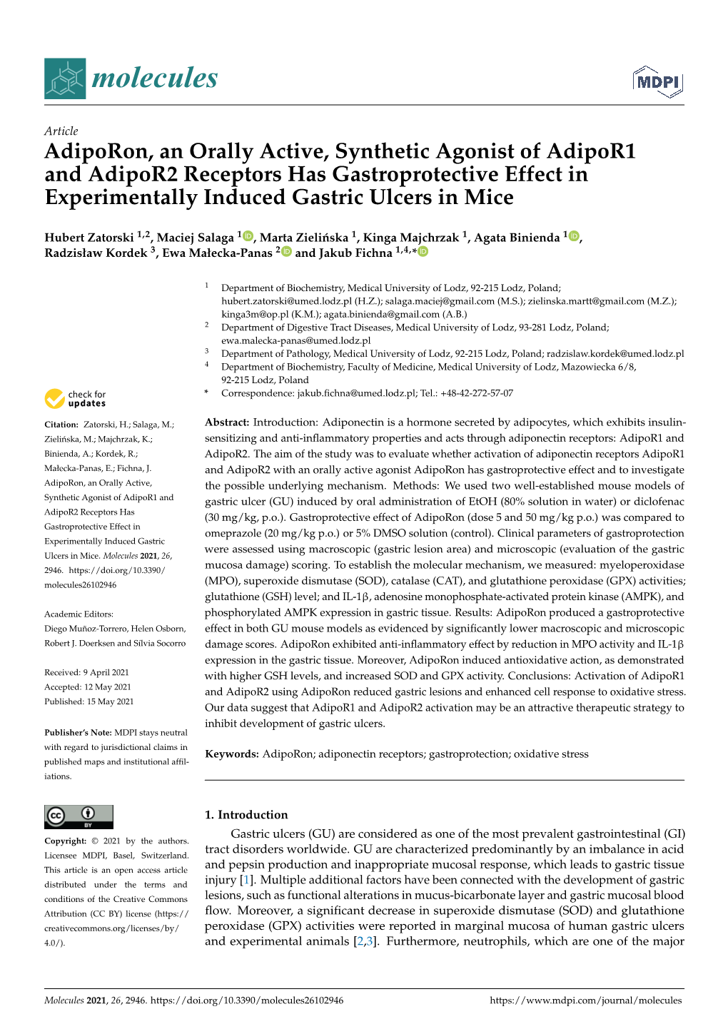 Adiporon, an Orally Active, Synthetic Agonist of Adipor1 and Adipor2 Receptors Has Gastroprotective Effect in Experimentally Induced Gastric Ulcers in Mice