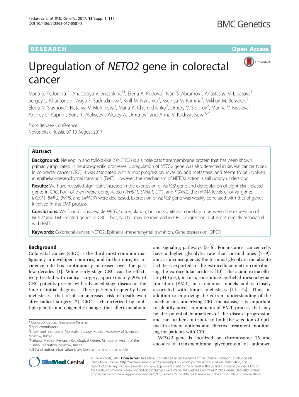 Upregulation of NETO2 Gene in Colorectal Cancer Maria S