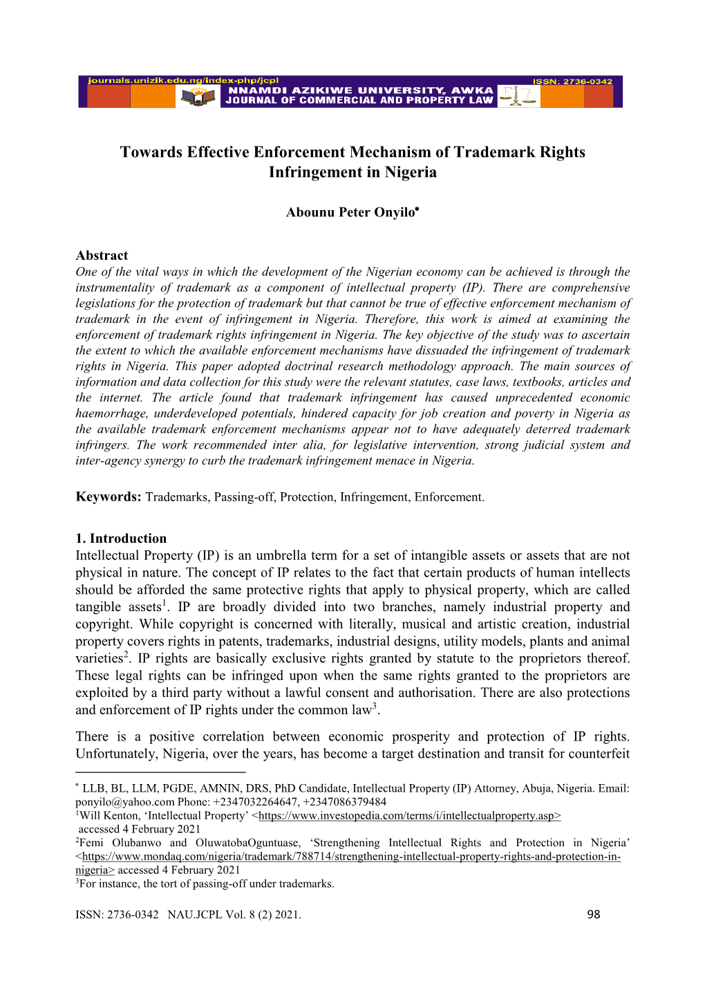 Towards Effective Enforcement Mechanism of Trademark Rights Infringement in Nigeria