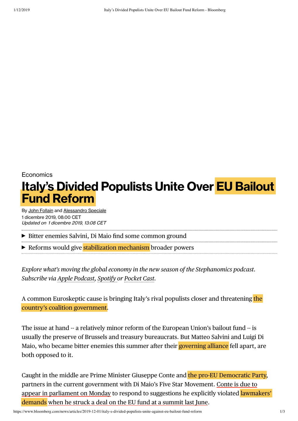 Italy's Divided Populists Unite Over EU Bailout Fund Reform