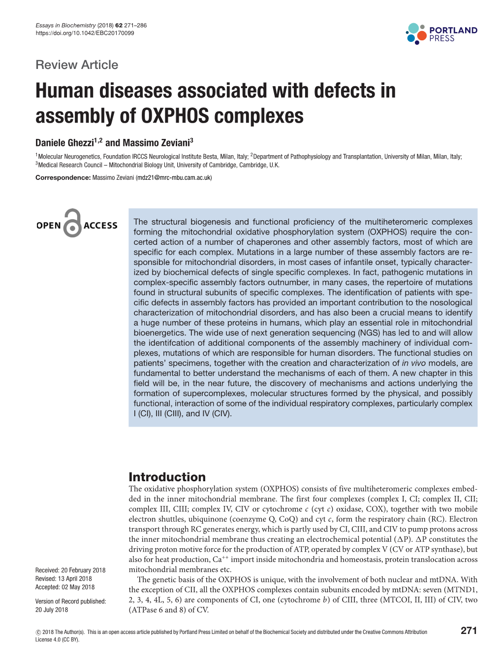 Human Diseases Associated with Defects in Assembly of OXPHOS Complexes