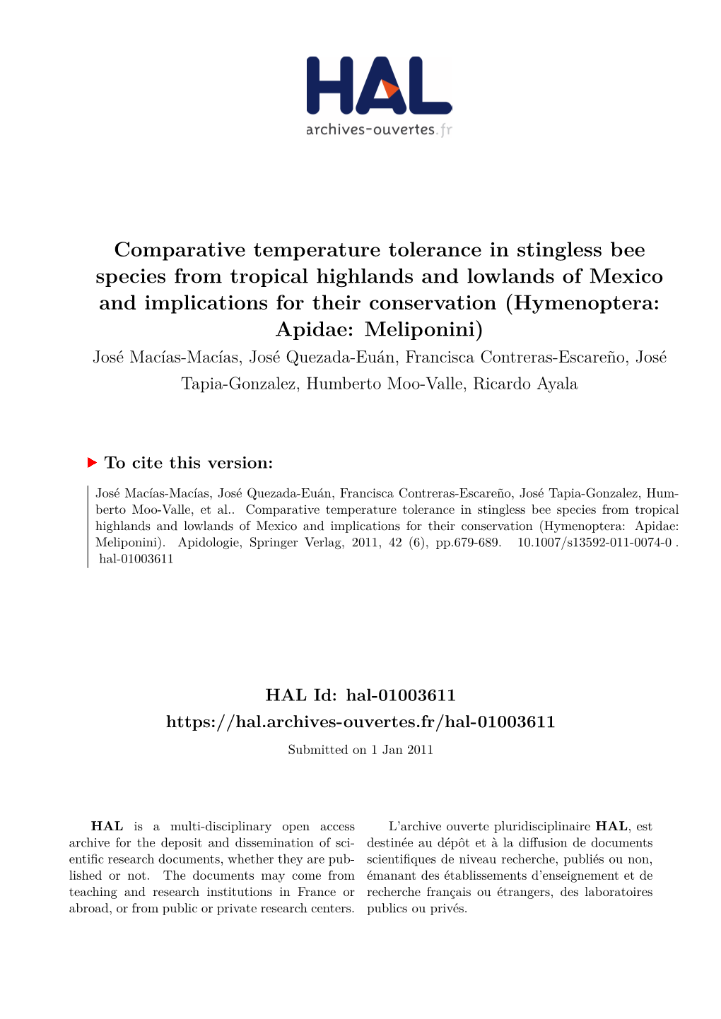 Comparative Temperature Tolerance in Stingless Bee Species from Tropical
