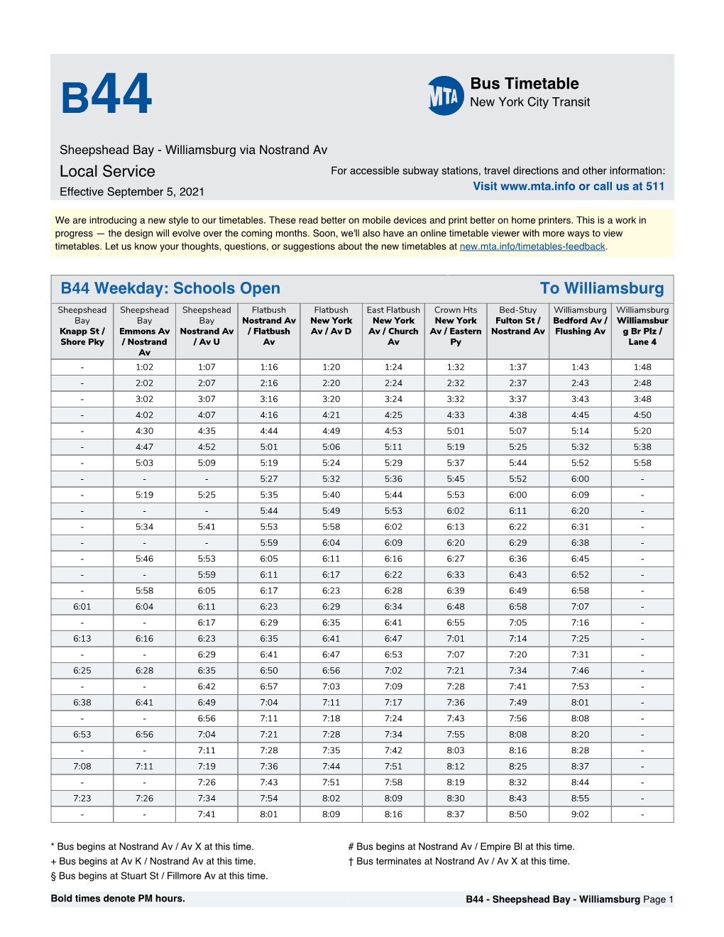 MTA B44 Bus Timetable