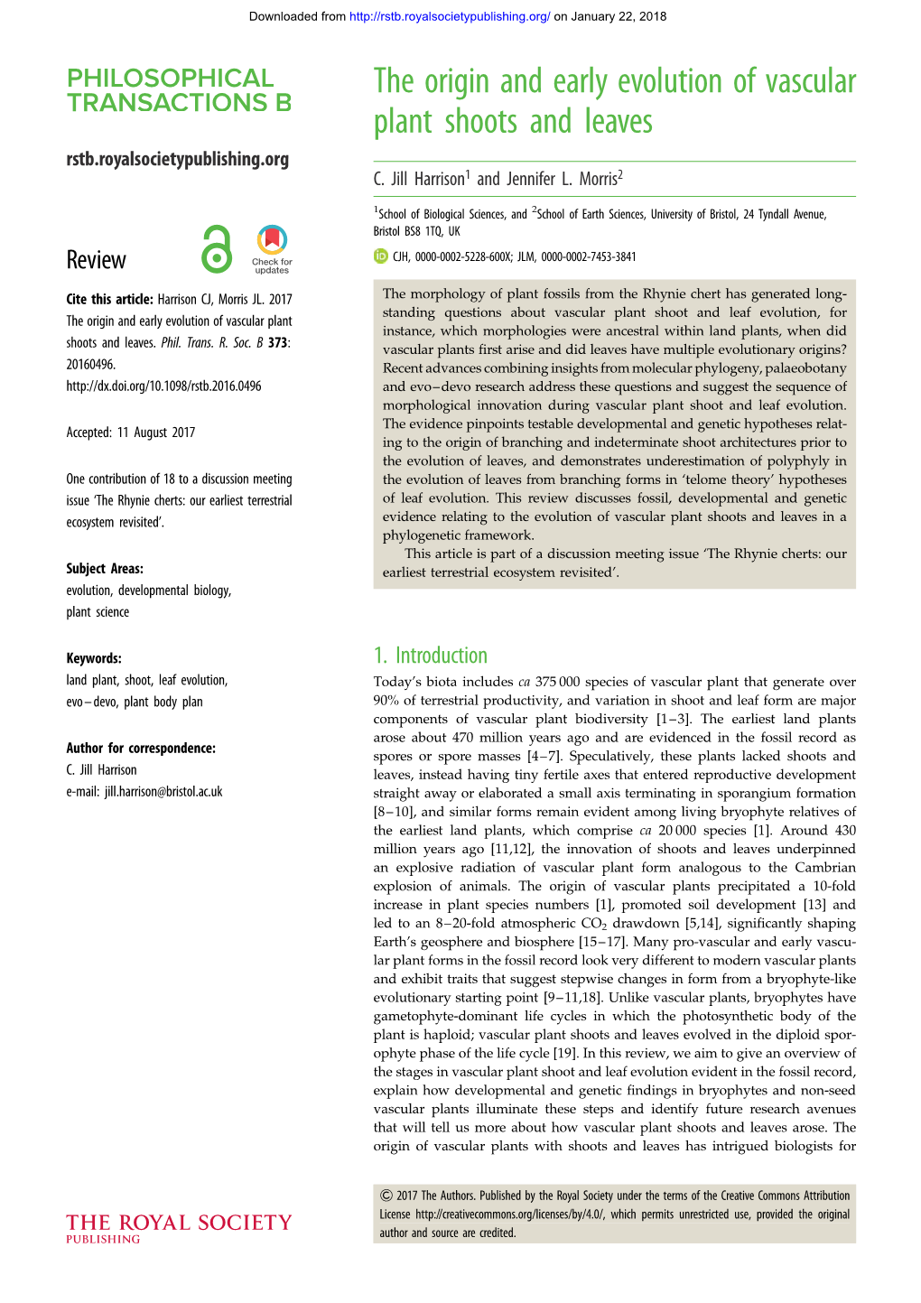 The Origin and Early Evolution of Vascular Plant Shoots and Leaves Rstb.Royalsocietypublishing.Org C