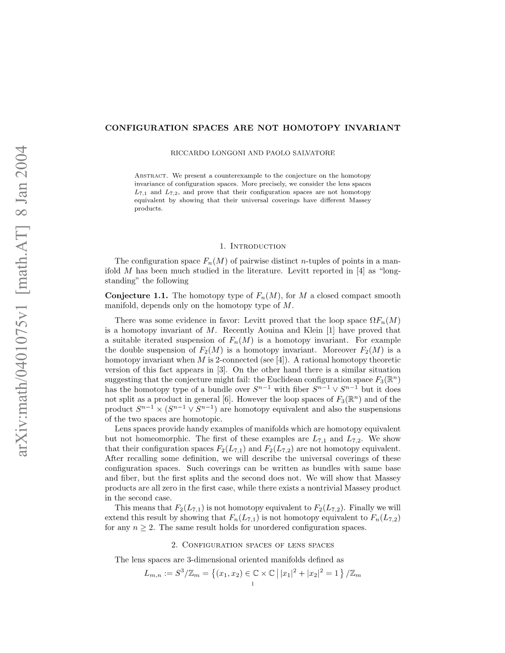 Arxiv:Math/0401075V1 [Math.AT] 8 Jan 2004 Ojcue1.1