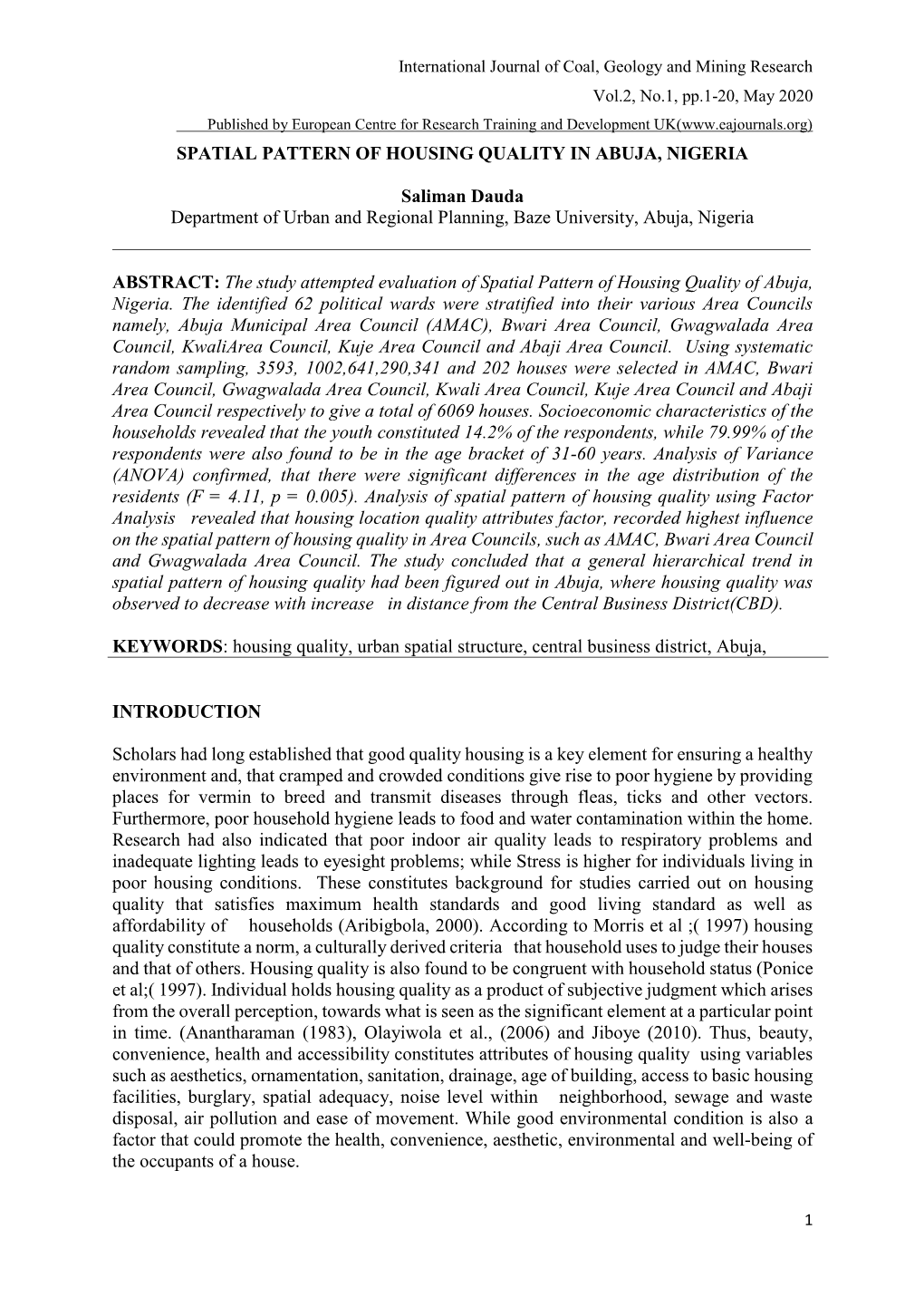 Spatial Pattern of Housing Quality in Abuja, Nigeria