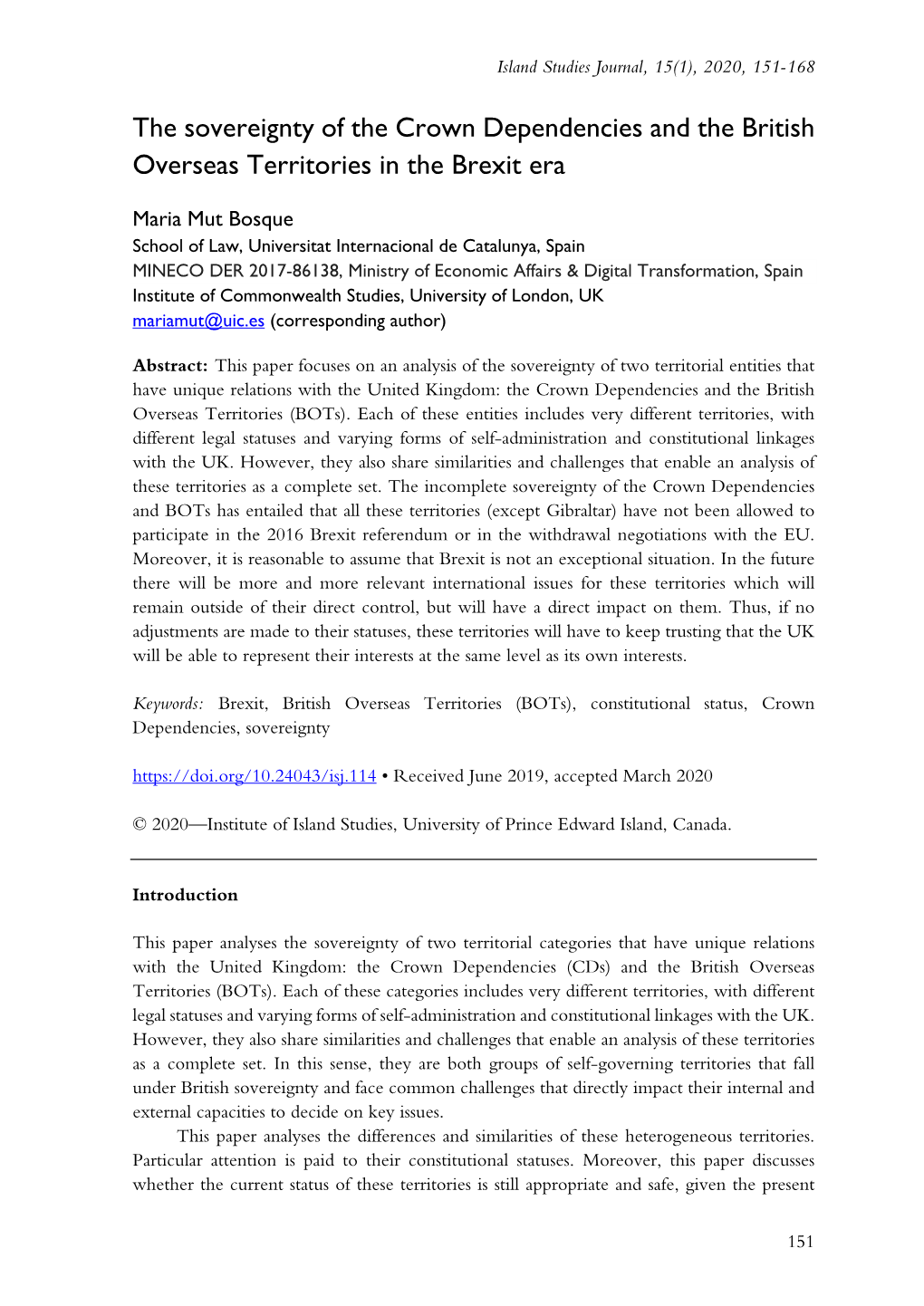 The Sovereignty of the Crown Dependencies and the British Overseas Territories in the Brexit Era