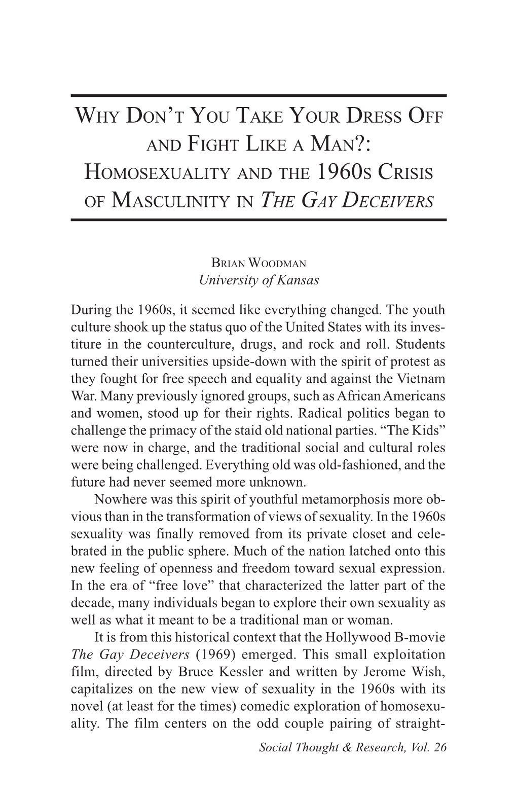 Homosexuality and the 1960S Crisis of Masculinity in the Gay Deceivers