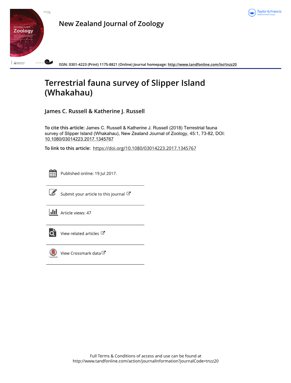 Terrestrial Fauna Survey of Slipper Island (Whakahau)