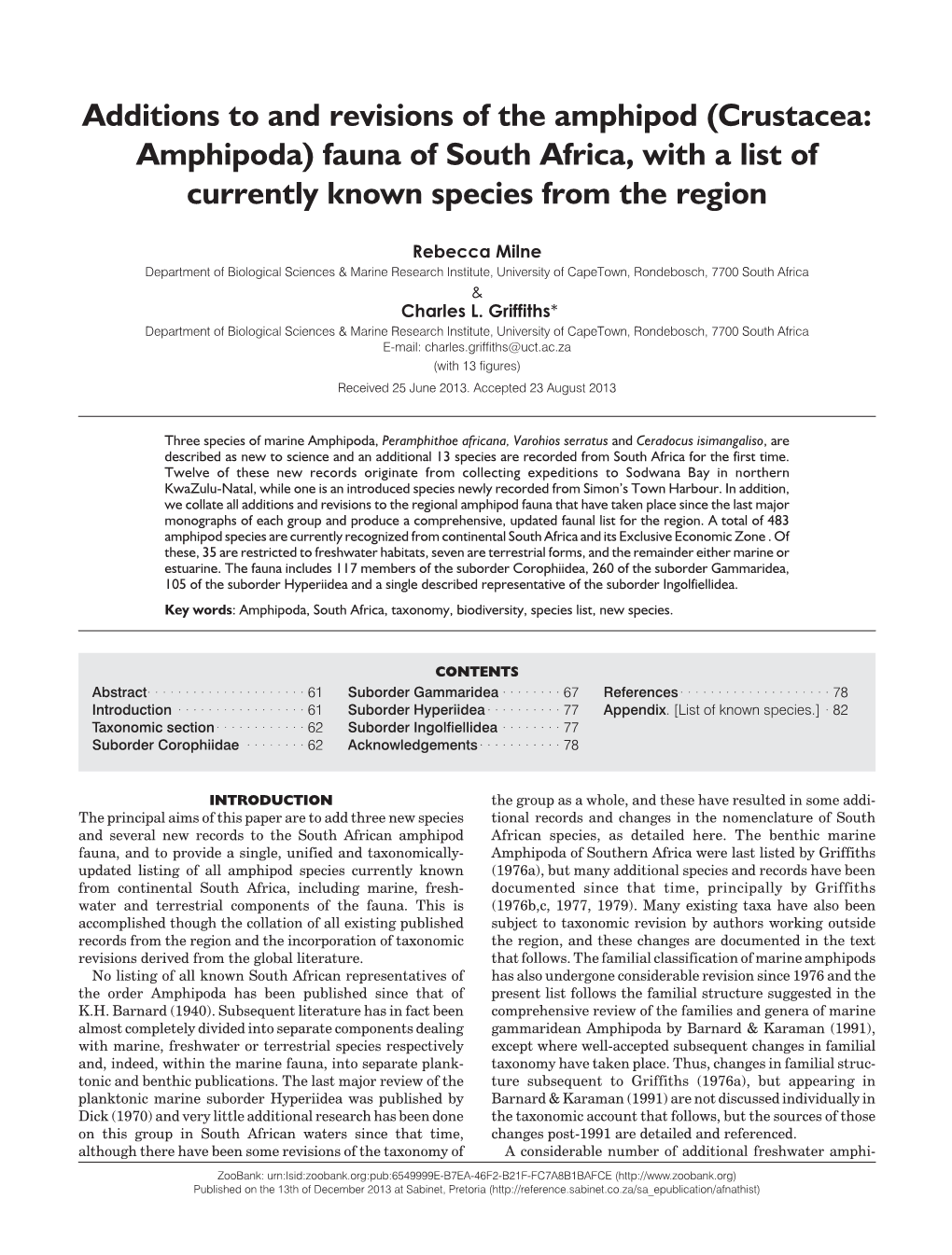 Additions to and Revisions of the Amphipod (Crustacea: Amphipoda) Fauna of South Africa, with a List of Currently Known Species from the Region