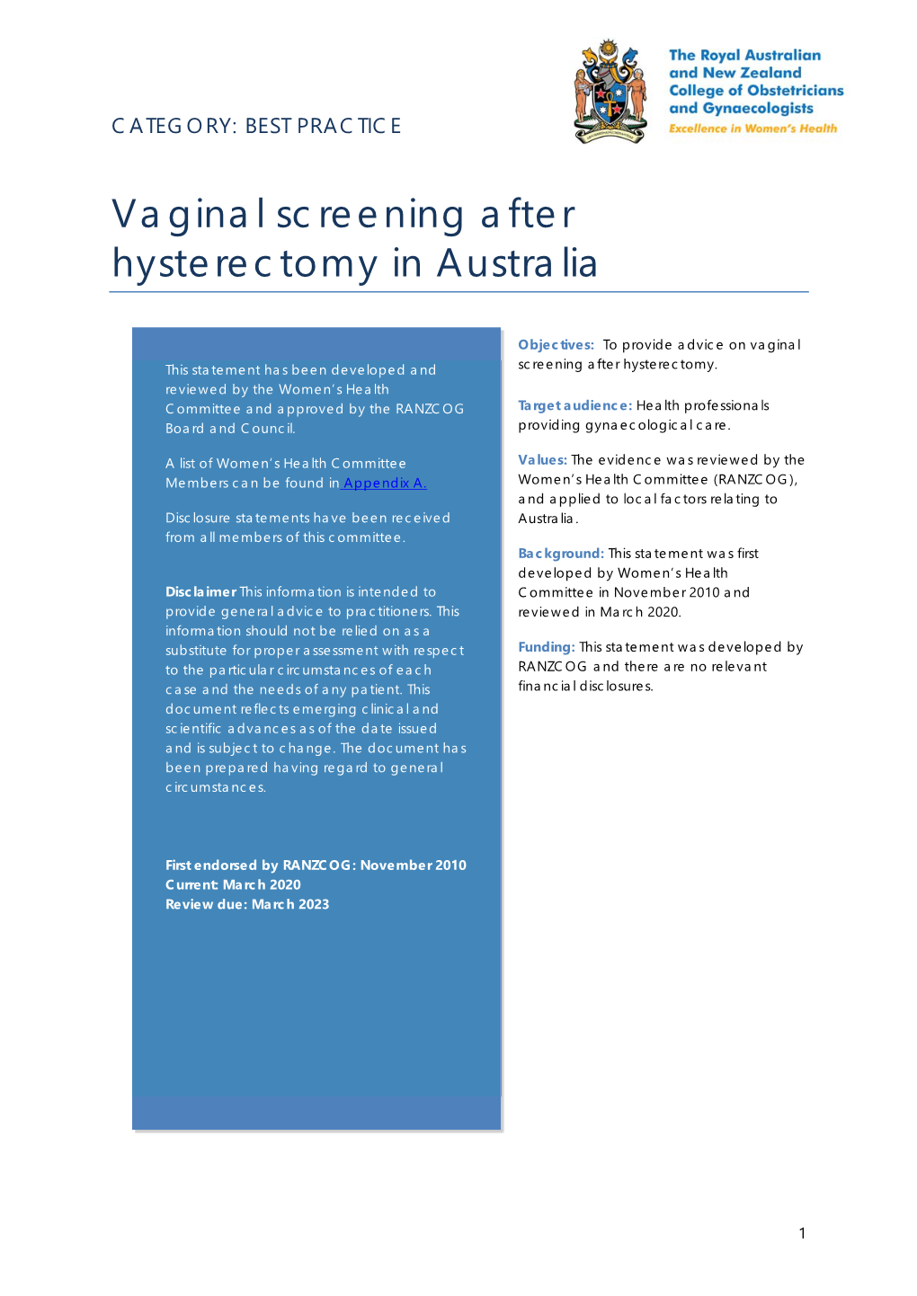 Vaginal Screening After Hysterectomy in Australia