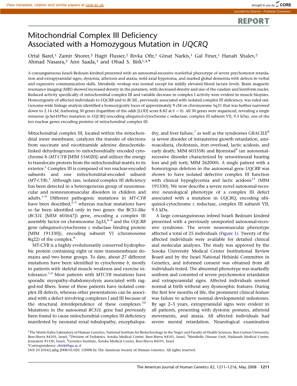 Mitochondrial Complex III Deficiency Associated with a Homozygous Mutation in UQCRQ