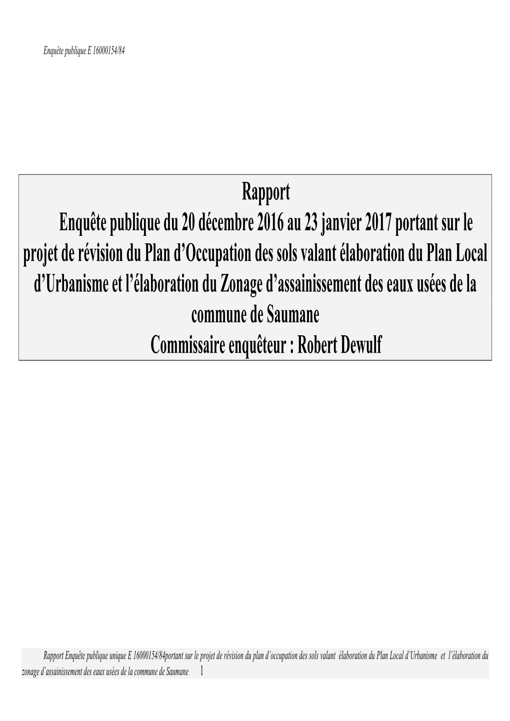 Rapport Enquête PLU & Zonage Assainissement De Saumane