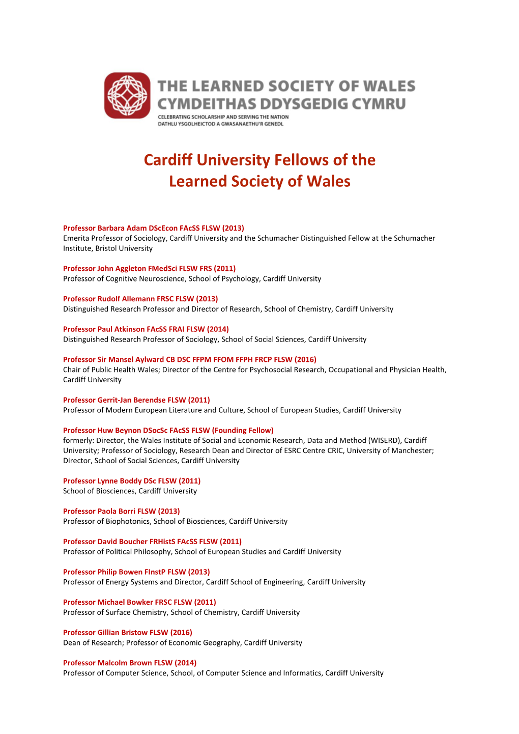 Cardiff University Fellows of the Learned Society of Wales