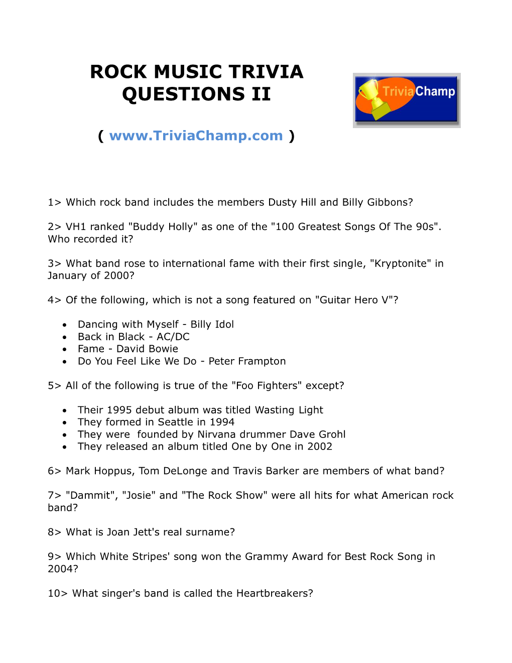 Rock Music Trivia Questions Ii