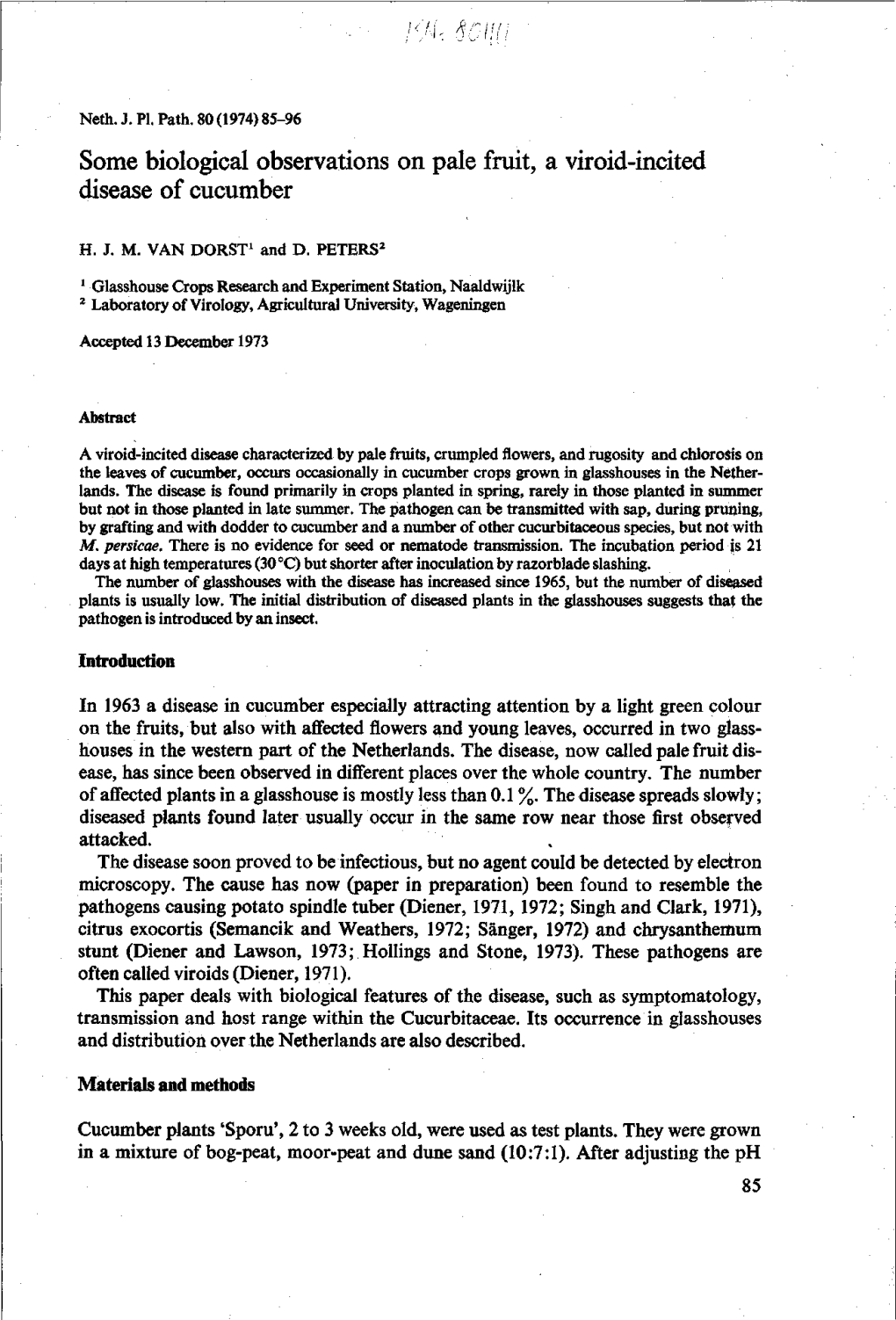 Some Biological Observations on Pale Fruit, a Viroid-Incited Disease of Cucumber