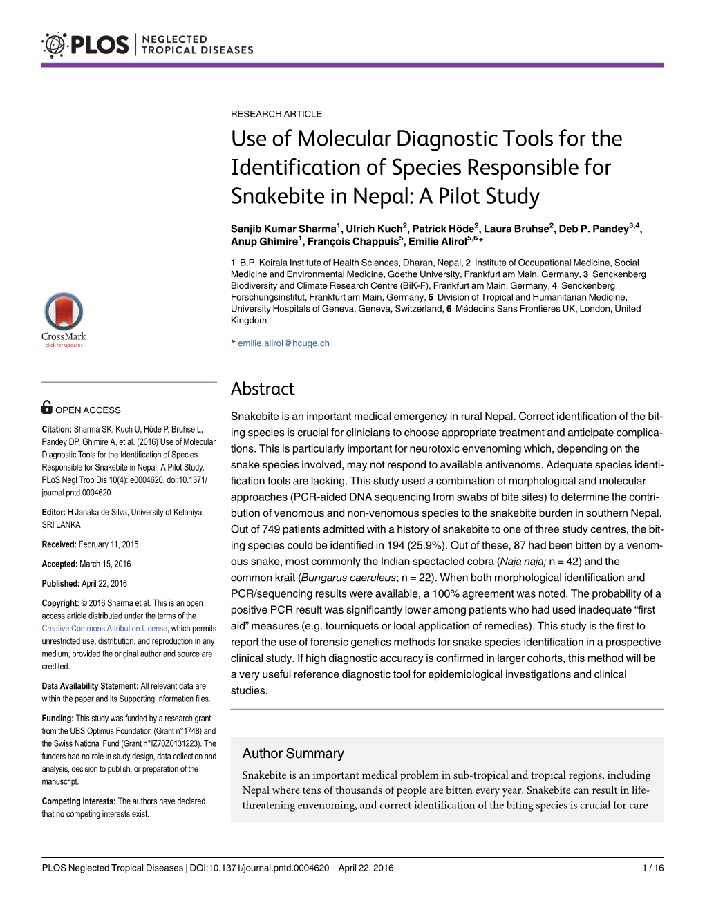 Use of Molecular Diagnostic Tools for the Identification of Species Responsible for Snakebite in Nepal: a Pilot Study