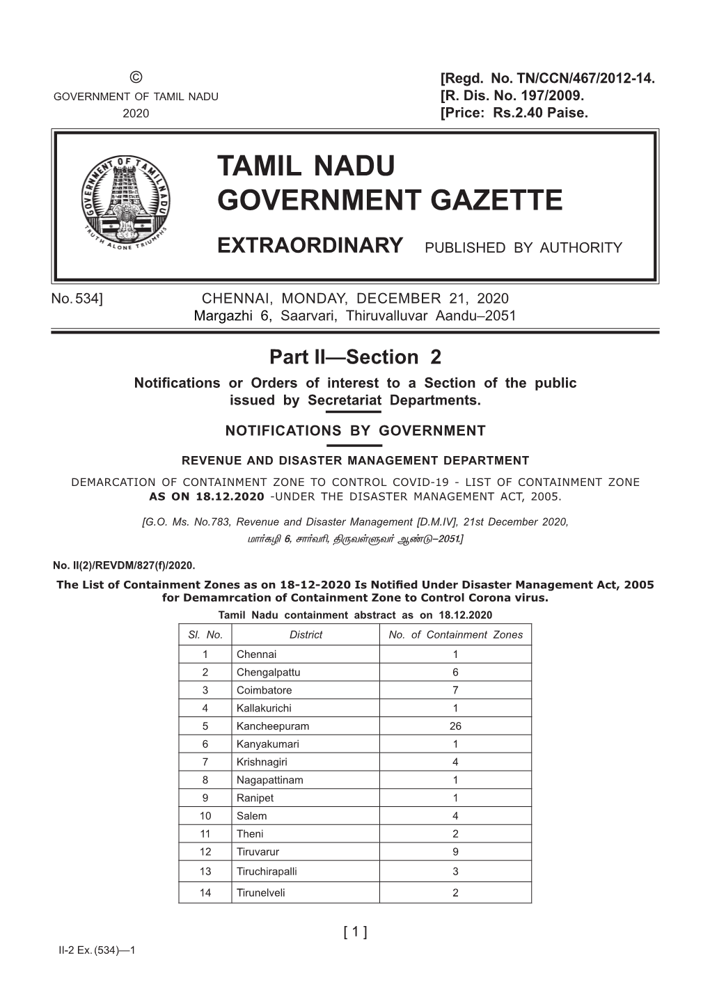534] CHENNAI, MONDAY, DECEMBER 21, 2020 Margazhi 6, Saarvari, Thiruvalluvar Aandu–2051