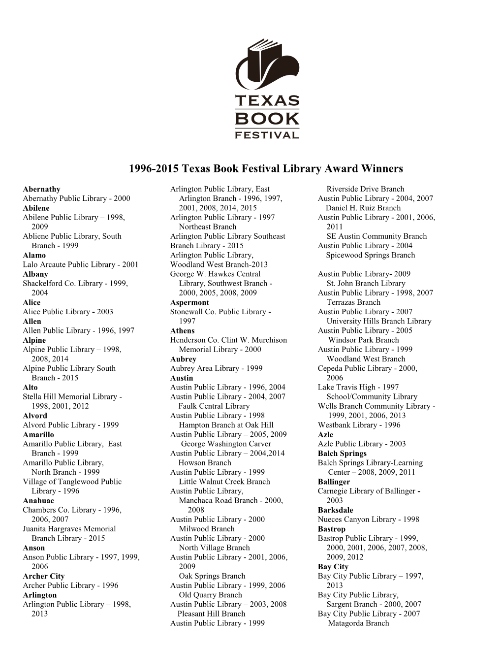 1996-2015 Texas Book Festival Library Award Winners