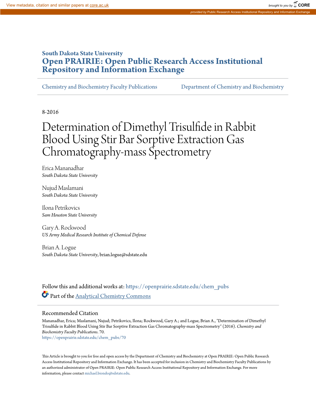 Determination of Dimethyl Trisulfide in Rabbit Blood Using Stir Bar