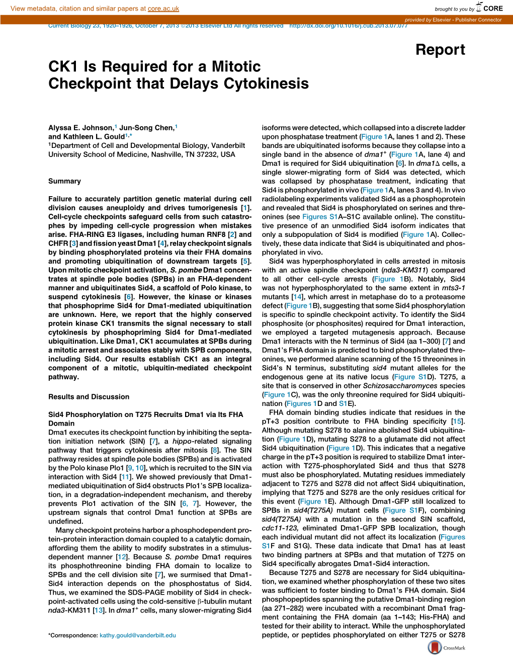 CK1 Is Required for a Mitotic Checkpoint That Delays Cytokinesis