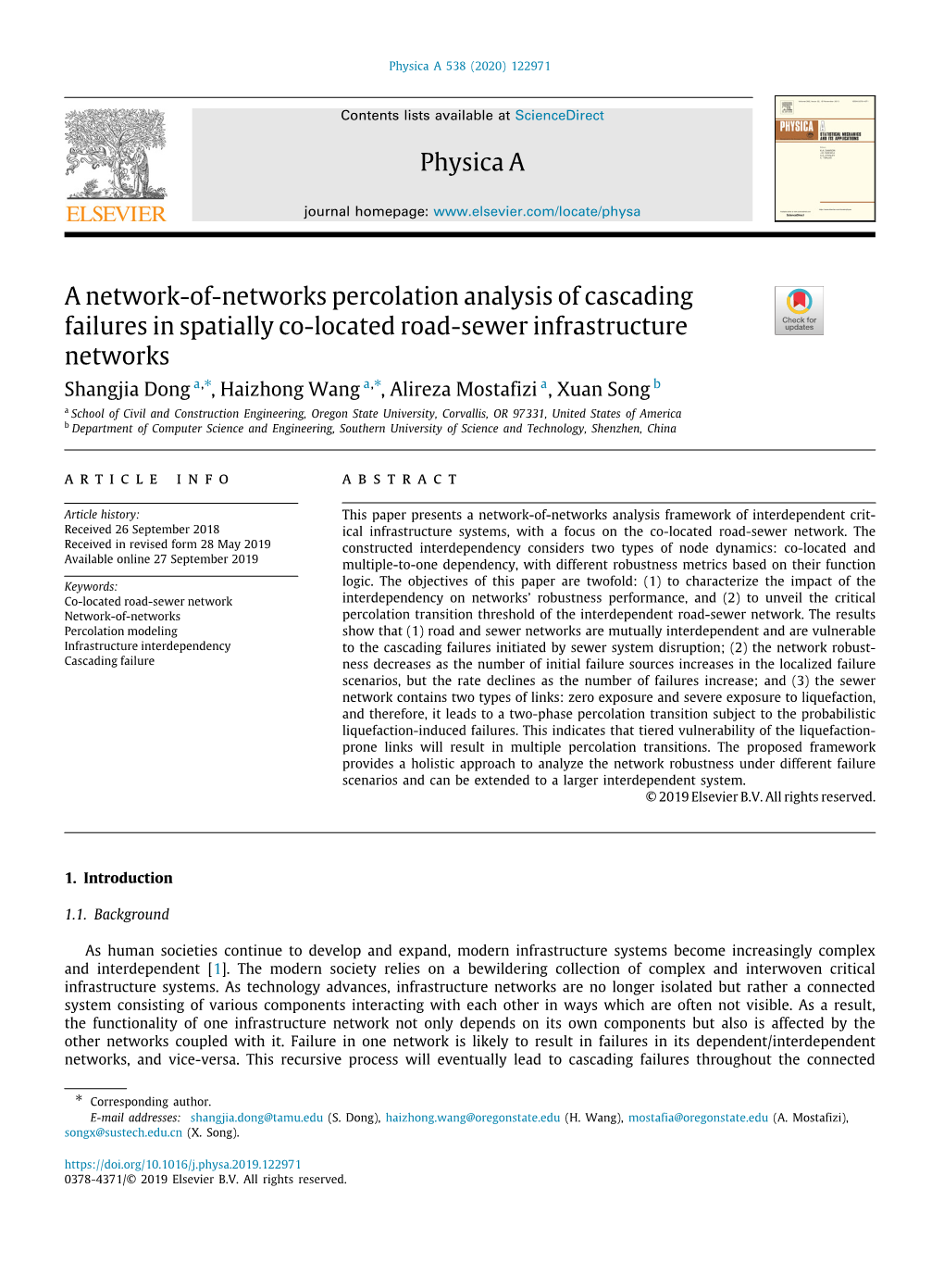 A Network-Of-Networks Percolation Analysis of Cascading Failures in Spatially Co-Located Road-Sewer Infrastructure Networks