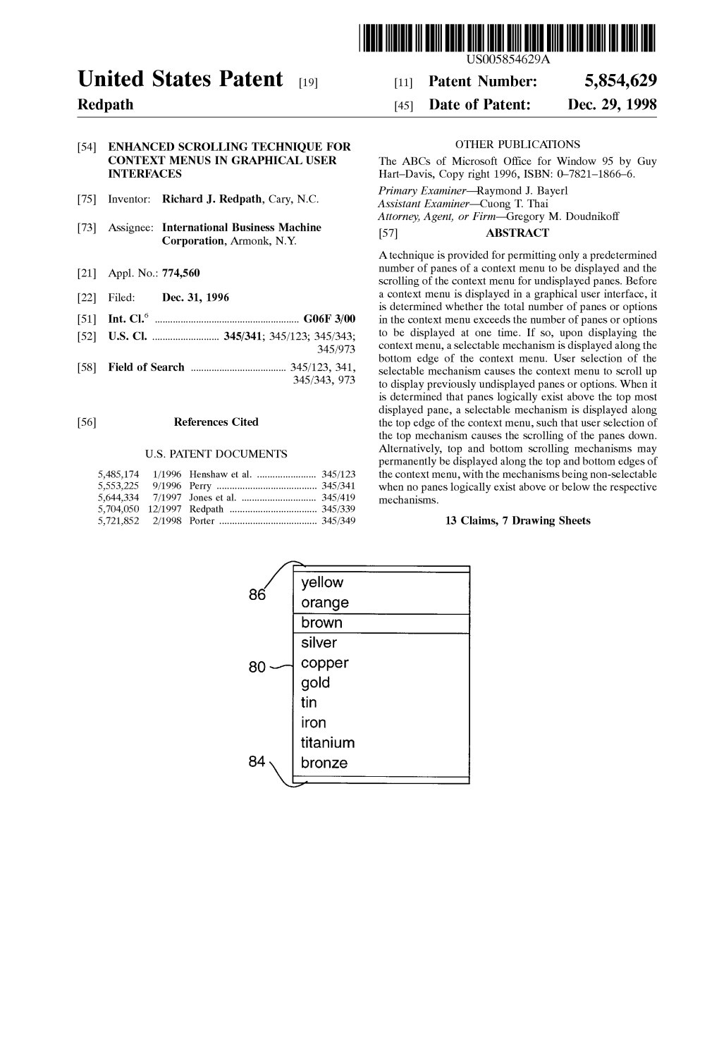 United States Patent (19) 11 Patent Number: 5,854,629 Redpath (45) Date of Patent: Dec