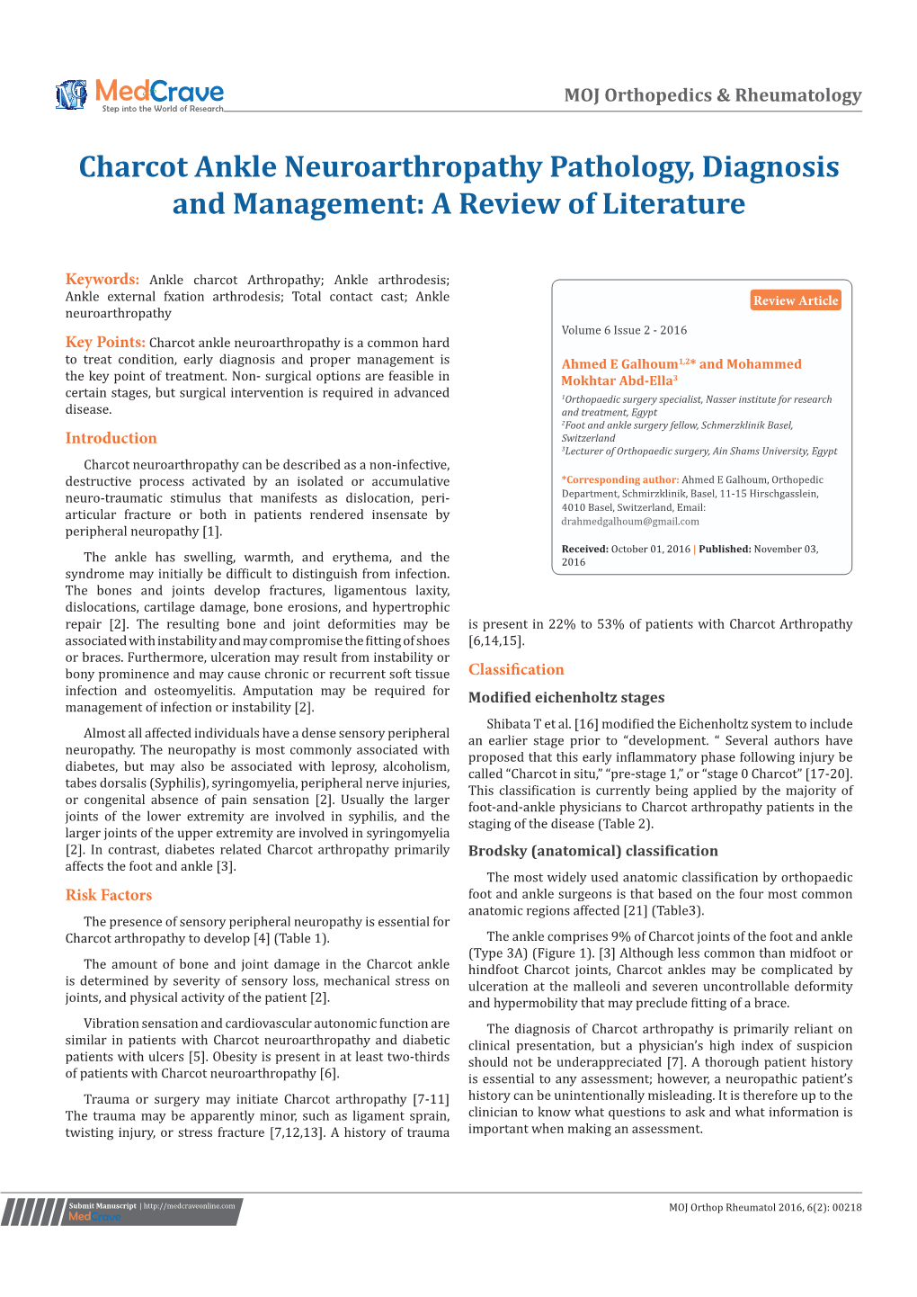 Charcot Ankle Neuroarthropathy Pathology, Diagnosis and Management: a Review of Literature