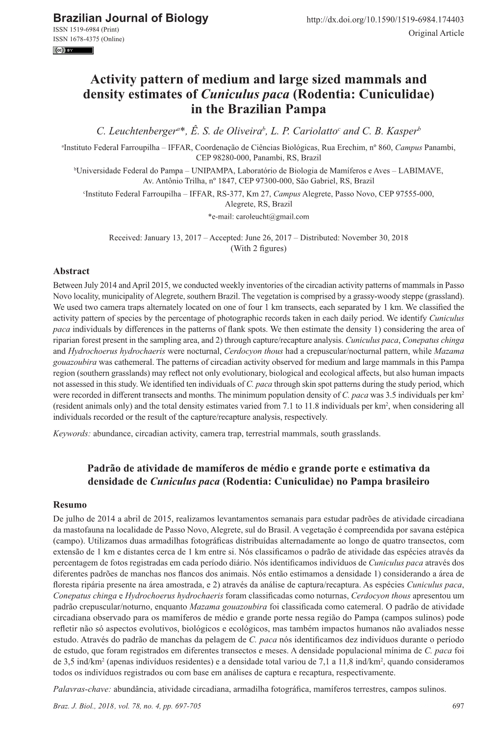 Activity Pattern of Medium and Large Sized Mammals and Density Estimates of Cuniculus Paca (Rodentia: Cuniculidae) in the Brazilian Pampa C